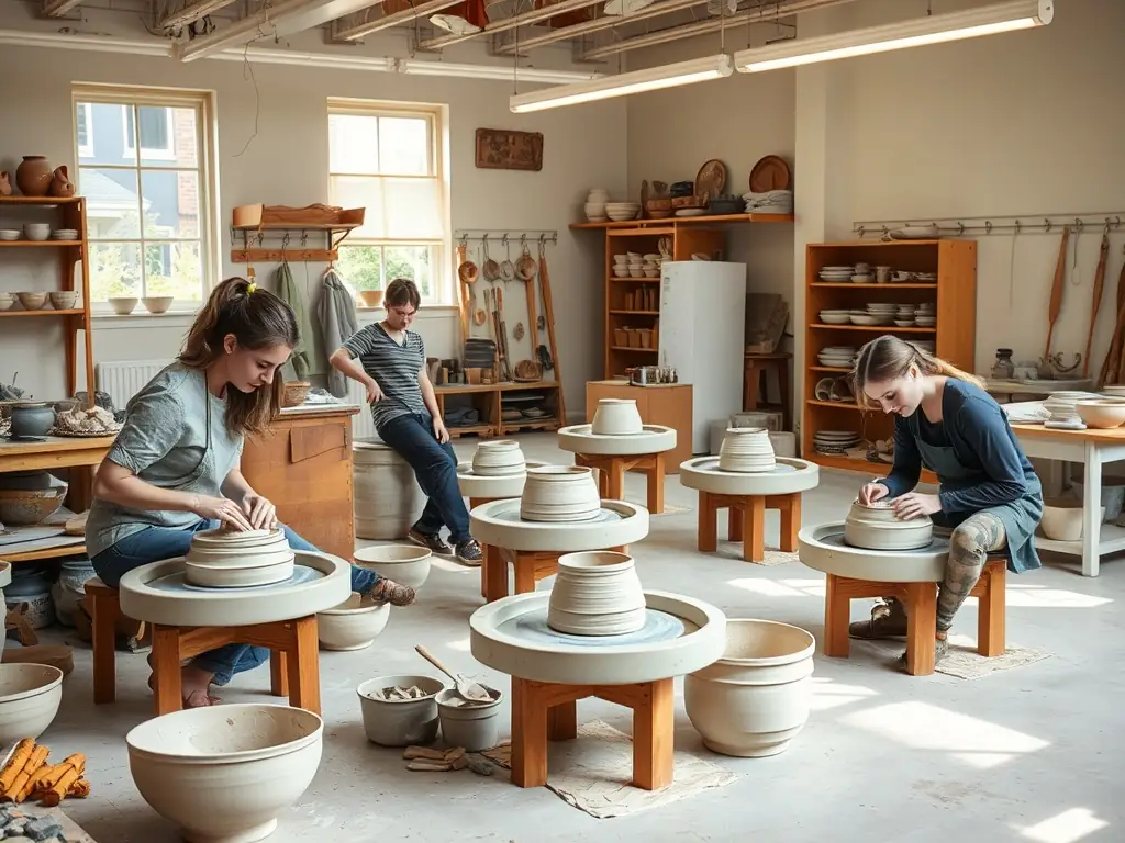 A vibrant image depicting participants actively engaged in a pottery workshop, showcasing the hands-on learning experience and creative atmosphere of REVTAVI's workshops.