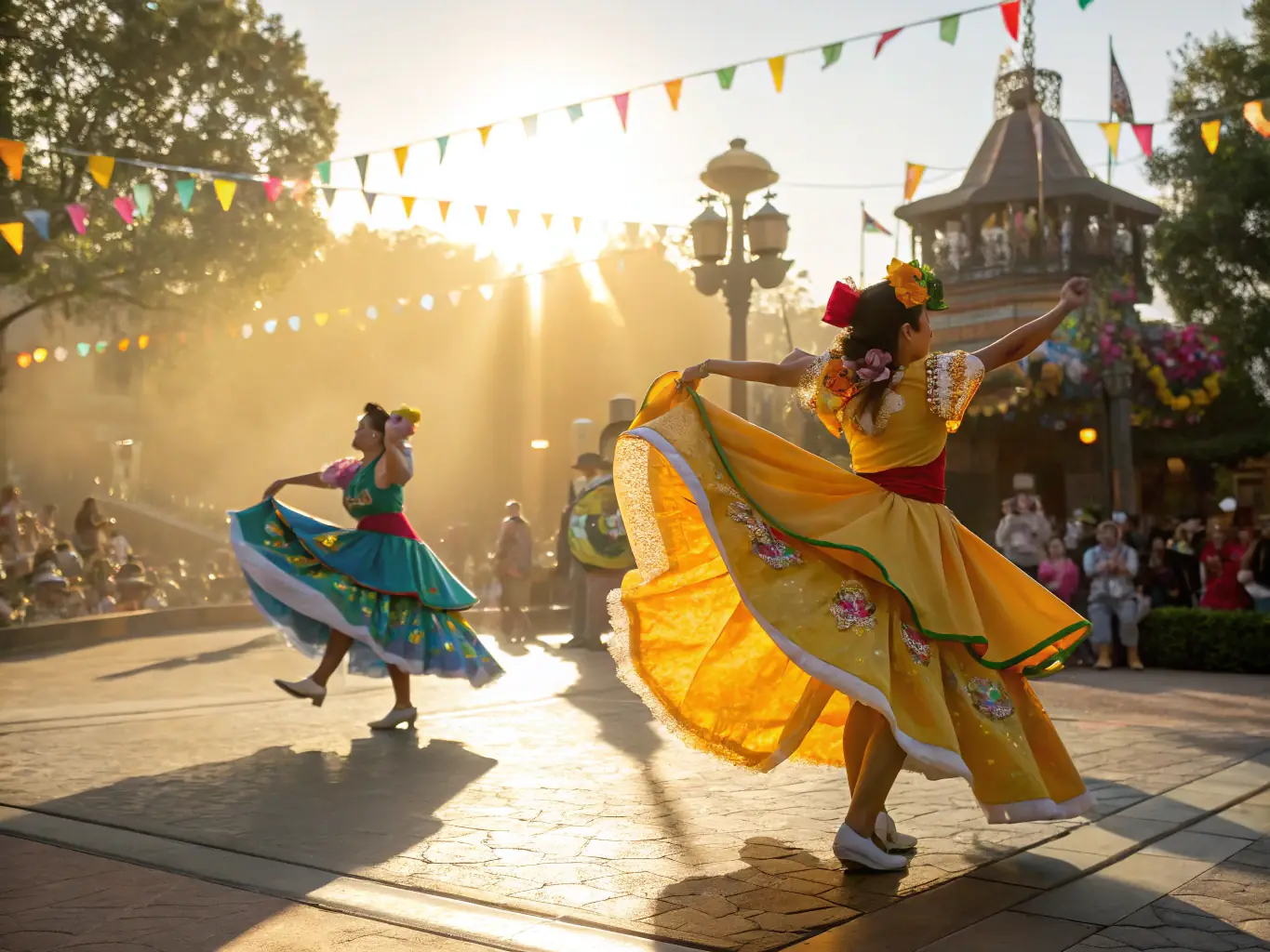 An image of a lively stage with performers in traditional costumes during a cultural event, showcasing the energy and diversity of REVTAVI's cultural performances.