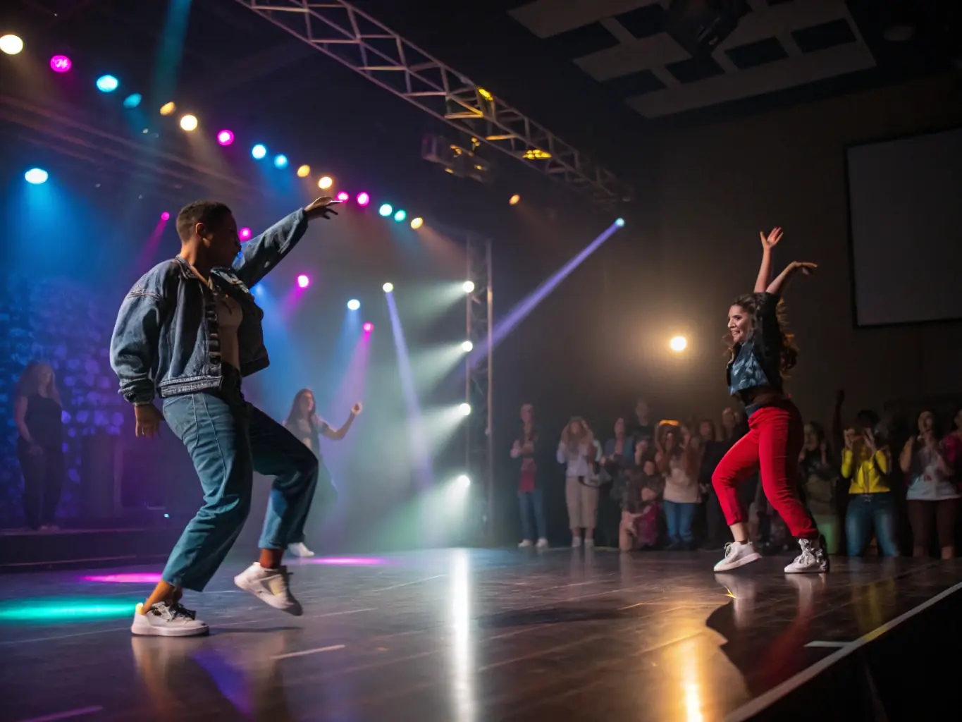 A vibrant photograph capturing a live dance performance on stage, showcasing dynamic movement and colorful costumes.