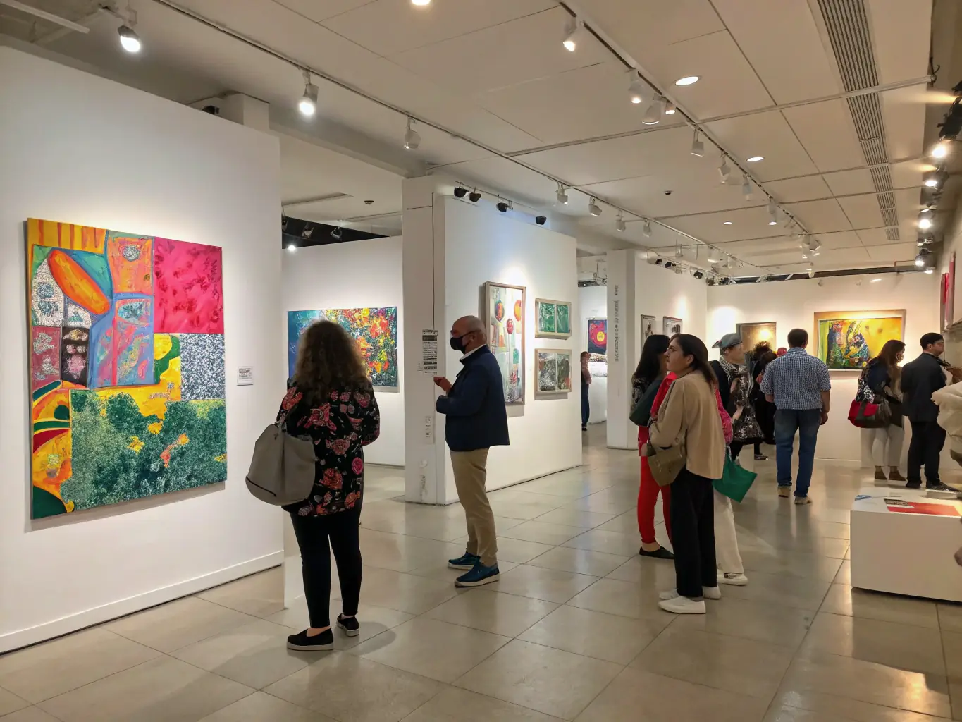A visually appealing image of an art exhibition, showcasing a variety of contemporary artworks and visitors engaging with the displays, emphasizing REVTAVI's role in fostering artistic dialogue.
