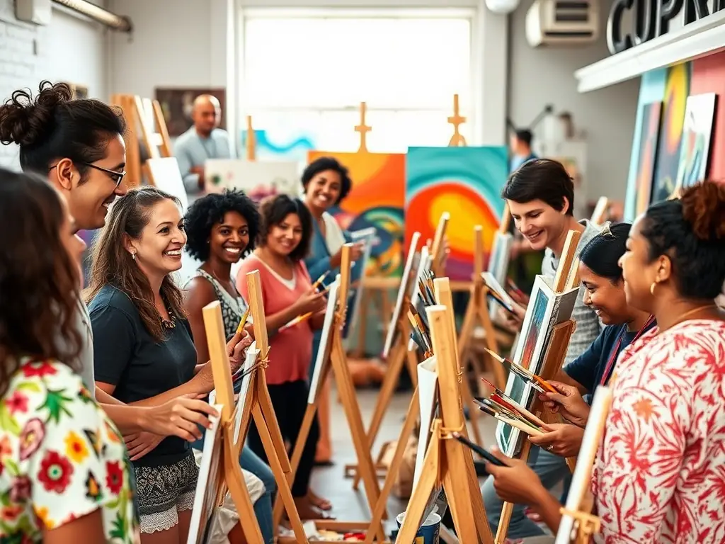 A group of participants engaged in a painting workshop led by an instructor, demonstrating the hands-on learning and creative expression encouraged by REVTAVI's workshops and activities.