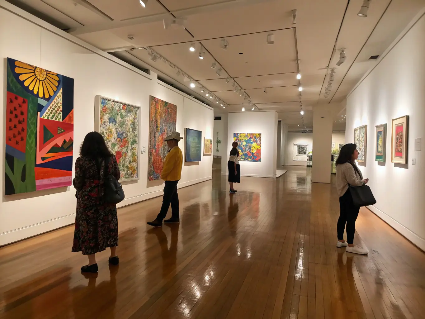 A vibrant gallery space filled with colorful paintings and sculptures, highlighting the artistic dialogue and appreciation fostered by REVTAVI's art exhibitions.