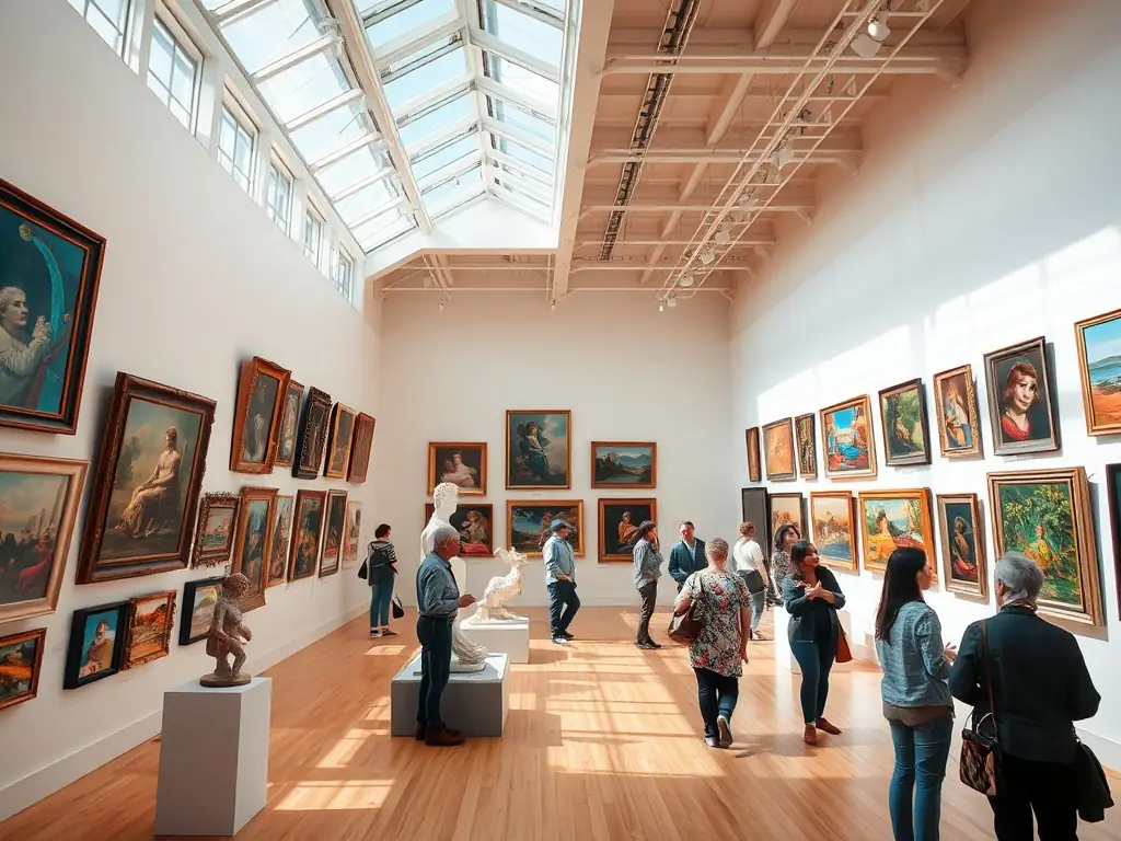 A photograph of an art gallery showcasing a modern art exhibition, with visitors admiring the diverse range of paintings and sculptures.